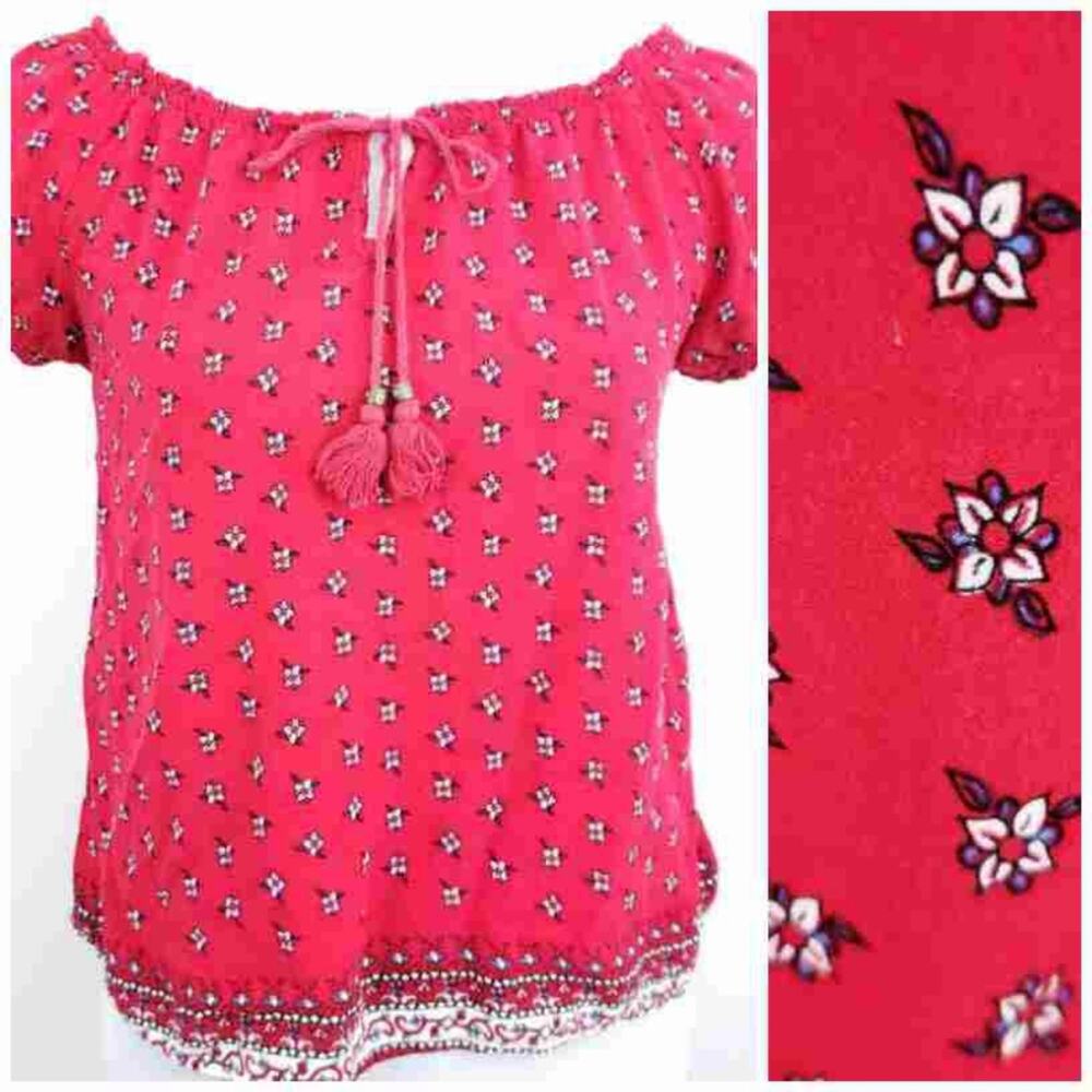 Forever 21 Peasant Blouse Front Tie Floral Red Blue Short Sleeve Summer Top Boho